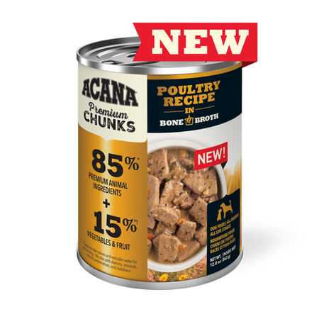 ACANA Premium Chunks, Poultry Recipe in Bone Broth WET DOG FOOD (12.8 Oz Single Can)