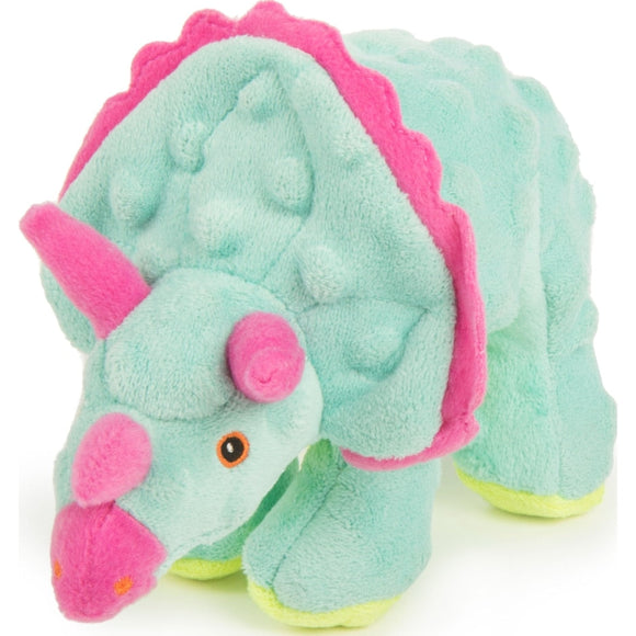 GODOG DINOS FRILLS DURABLE PLUSH SQUEAKER DOG TOY (SMALL, TEAL)
