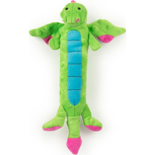 GODOG DRAGONS SKINNY DURABLE PLUSH SQUEAK DOG TOY (SMALL, GREEN)